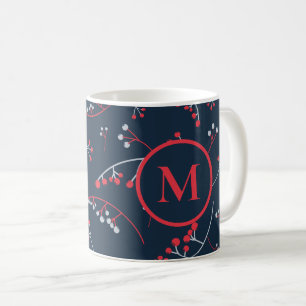 Elegant monogram red pastel grey berry pattern coffee mug