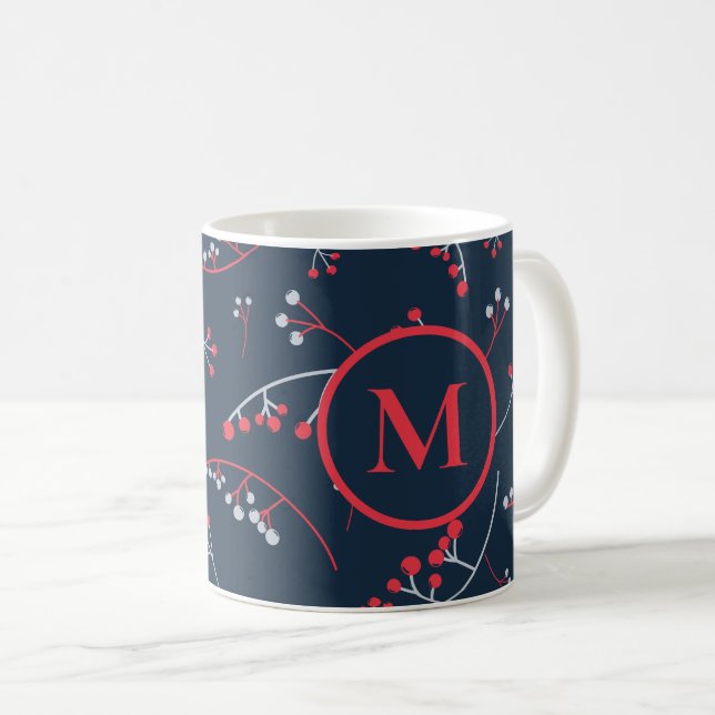 Elegant monogram red pastel grey berry pattern coffee mug (Front Right)