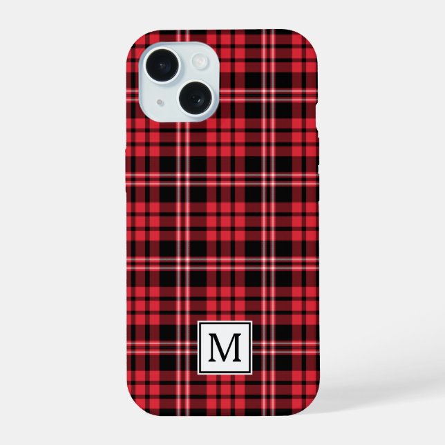 Elegant Monogram Red Plaid iPhone 15 Case (Back)