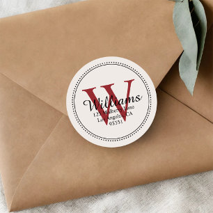 Elegant Monogram Red Return Address Classic Round Sticker