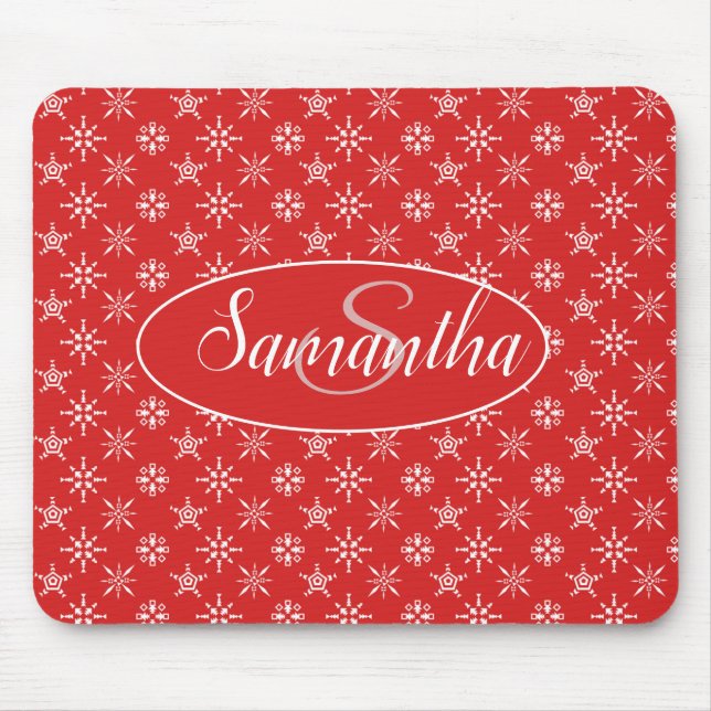 Elegant Monogram Red White Pattern Mouse Mat (Front)