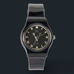 Elegant Monogram Roman Black Faux Gold Watch<br><div class="desc">Elegant Monogram Roman Black Gold Modern  Watch,  with your Name script and year,  perfect for father's day, 
 birthday gift,  groomsman best man,  or wedding anniversary</div>