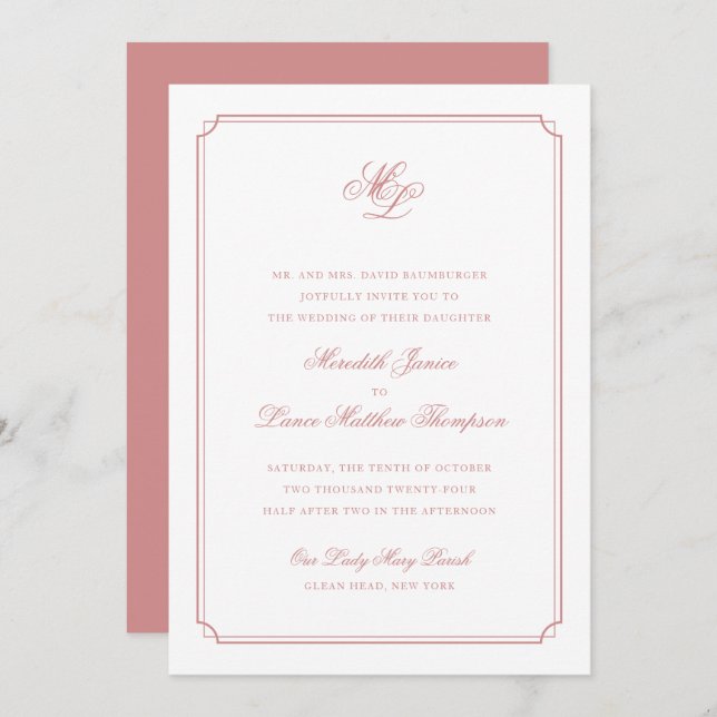Elegant Monogram Rose Blush Script Wedding Invitation (Front/Back)