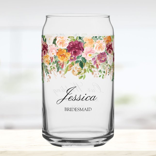 Elegant Monogram Rose Garden Floral Bridesmaid Can Glass (In situ)