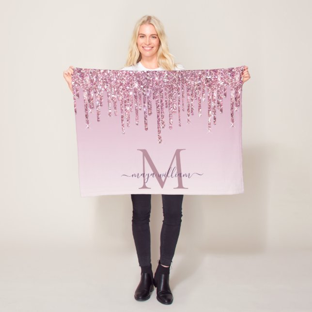 Elegant Monogram Rose Glitter Drips  Fleece Blanke Blanket (In Situ)