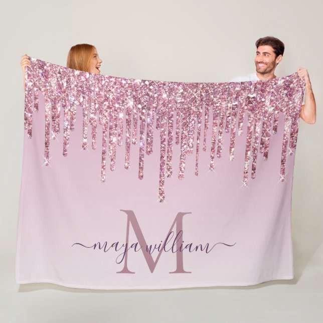 Elegant Monogram Rose Glitter Drips  Fleece Blanke Blanket (In Situ)