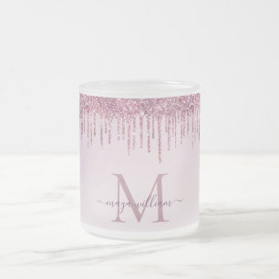 Elegant Monogram Rose Glitter Drips Frosted Glass Coffee Mug