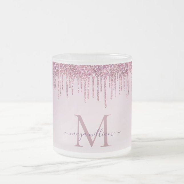 Elegant Monogram Rose Glitter Drips Frosted Glass Coffee Mug (Center)