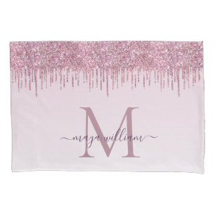 Elegant Monogram Rose Glitter Drips  Pillowcase