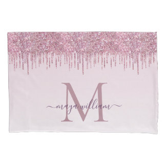 Elegant Monogram Rose Glitter Drips  Pillowcase