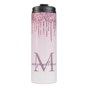 Elegant Monogram Rose Glitter Drips Thermal Tumbler