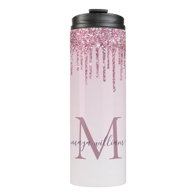 Elegant Monogram Rose Glitter Drips Thermal Tumbler (Front)