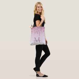 Elegant Monogram Rose Glitter Drips Tote Bag