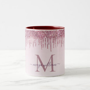 Elegant Monogram Rose Glitter Drips Two-Tone Coffee Mug