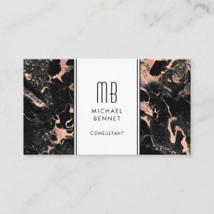 Elegant Monogram Rose Gold Black Marble Business Card