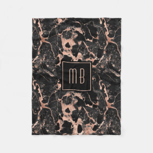Elegant Monogram Rose Gold Black Marble  Fleece Blanket