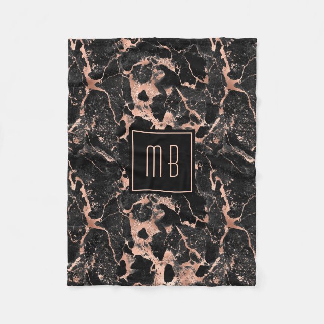 Elegant Monogram Rose Gold Black Marble  Fleece Blanket (Front)