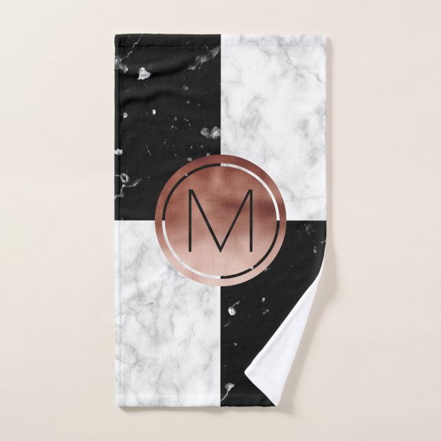 Elegant monogram rose gold black white marble bath towel set (Hand Towel)