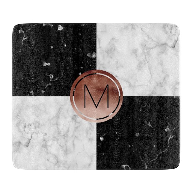 Elegant monogram rose gold black white marble cutting board (Front)