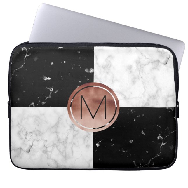 Elegant monogram rose gold black white marble laptop sleeve (Front)