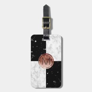 Elegant monogram rose gold black white marble luggage tag
