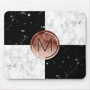 Elegant monogram rose gold black white marble mouse mat