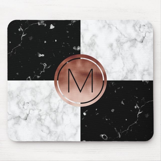 Elegant monogram rose gold black white marble mouse mat (Front)