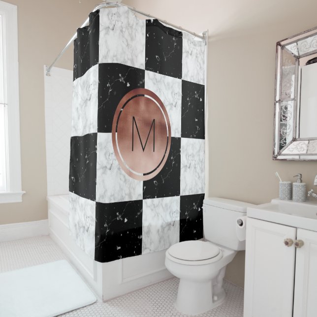 Elegant monogram rose gold black white marble shower curtain (In Situ)