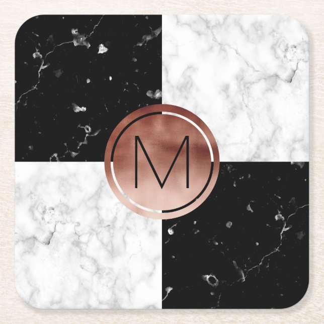 Elegant monogram rose gold black white marble square paper coaster (Front)