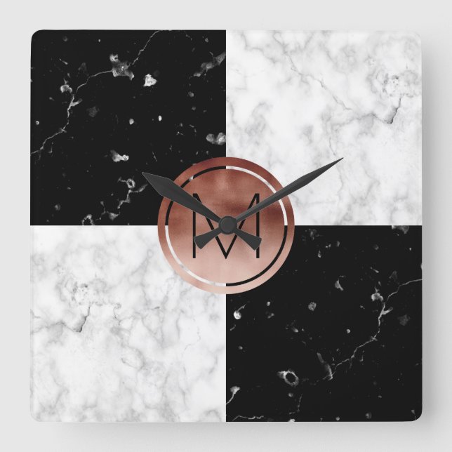 Elegant monogram rose gold black white marble square wall clock (Front)