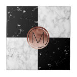 Elegant monogram rose gold black white marble tile<br><div class="desc">Stylish combination of faux rose gold, white and black marble.</div>