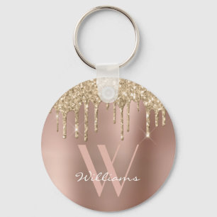 Elegant Monogram Rose Gold Glitter Drips Name Key Ring