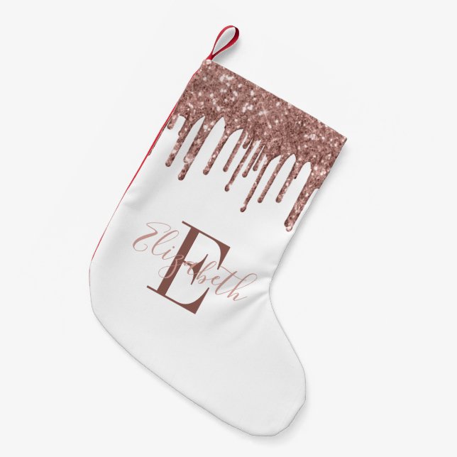 Elegant Monogram Rose Gold Glitter Drips Small Christmas Stocking (Front (Hanging))