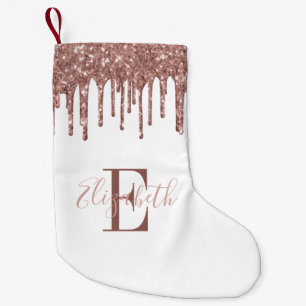 Elegant Monogram Rose Gold Glitter Drips White Small Christmas Stocking