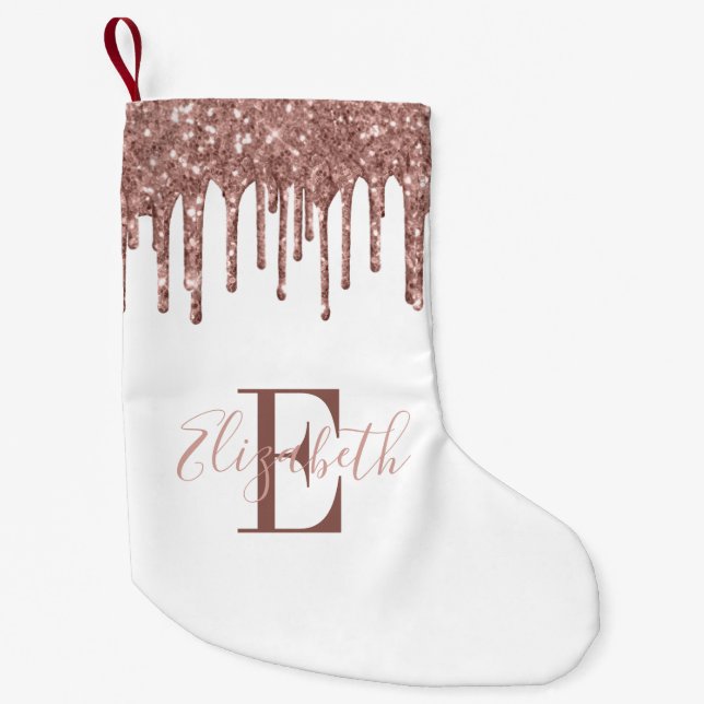 Elegant Monogram Rose Gold Glitter Drips White Small Christmas Stocking (Front)