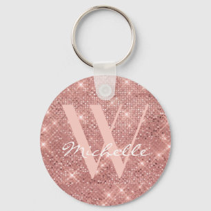 Elegant Monogram Rose Gold Glitter Name Script Key Ring