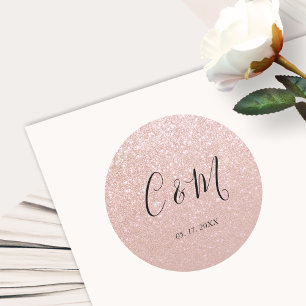Elegant Monogram Rose Gold Glitter Wedding Classic Round Sticker
