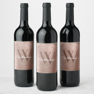 Elegant Monogram Rose Gold Name Script Geometric  Wine Label