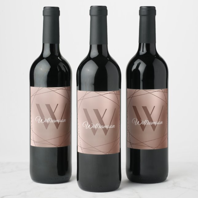Elegant Monogram Rose Gold Name Script Geometric  Wine Label (Bottles)