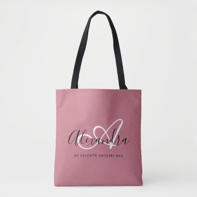 Elegant Monogram Rose Gold Script Name Initial Tote Bag (Front)