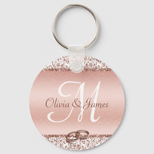 Elegant Monogram Rose Gold Wedding Favour Key Ring (Front)