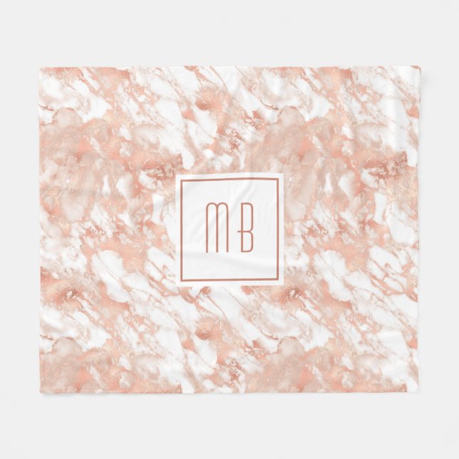 Elegant Monogram Rose Gold White Marble Fleece Blanket (Front (Horizontal))