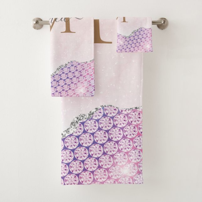 Elegant Monogram Rose pink Glitter Bath Towel Set (Insitu)