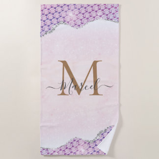 Elegant Monogram Rose pink Glitter Beach Towel