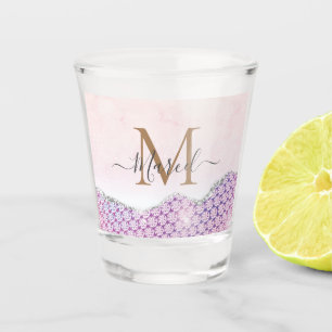 Elegant Monogram Rose pink Glitter   Shot Glass