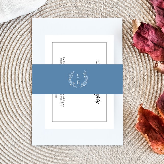 Elegant Monogram Royal Blue Botanical Wreath Invitation Belly Band (Creator Uploaded)