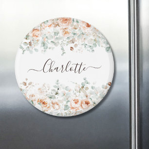 Elegant Monogram Rustic Rose Floral Greenery Magnet