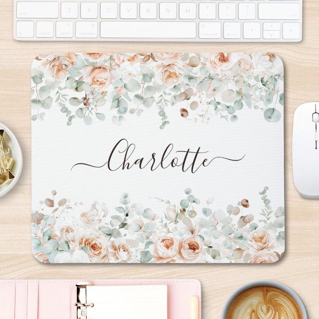 Elegant Monogram Rustic Rose Floral Greenery Mouse Mat (In situ)