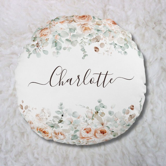 Elegant Monogram Rustic Rose Floral Greenery Round Cushion (In situ)