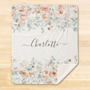 Elegant Monogram Rustic Rose Floral Greenery Sherpa Blanket